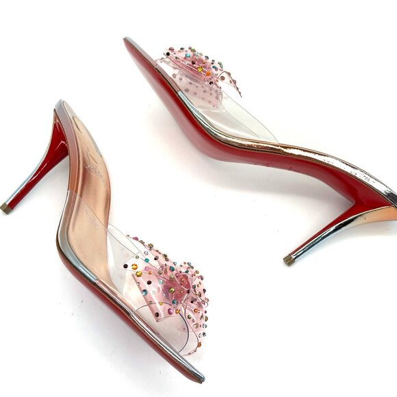 Christian Louboutin AQUA STRASS 80 PVC Crustal Bow Mule Sandals Heels - Picture 14 of 16